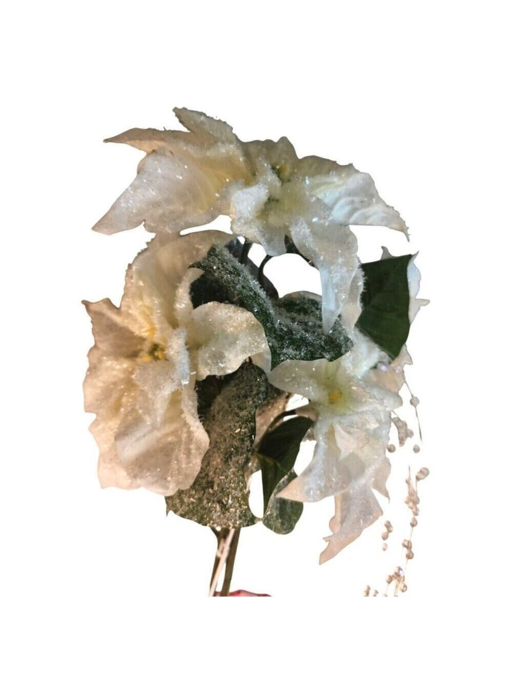 White Glitter Poinsettia Artificial Flowers Crystal Bead Accents 4 Stems